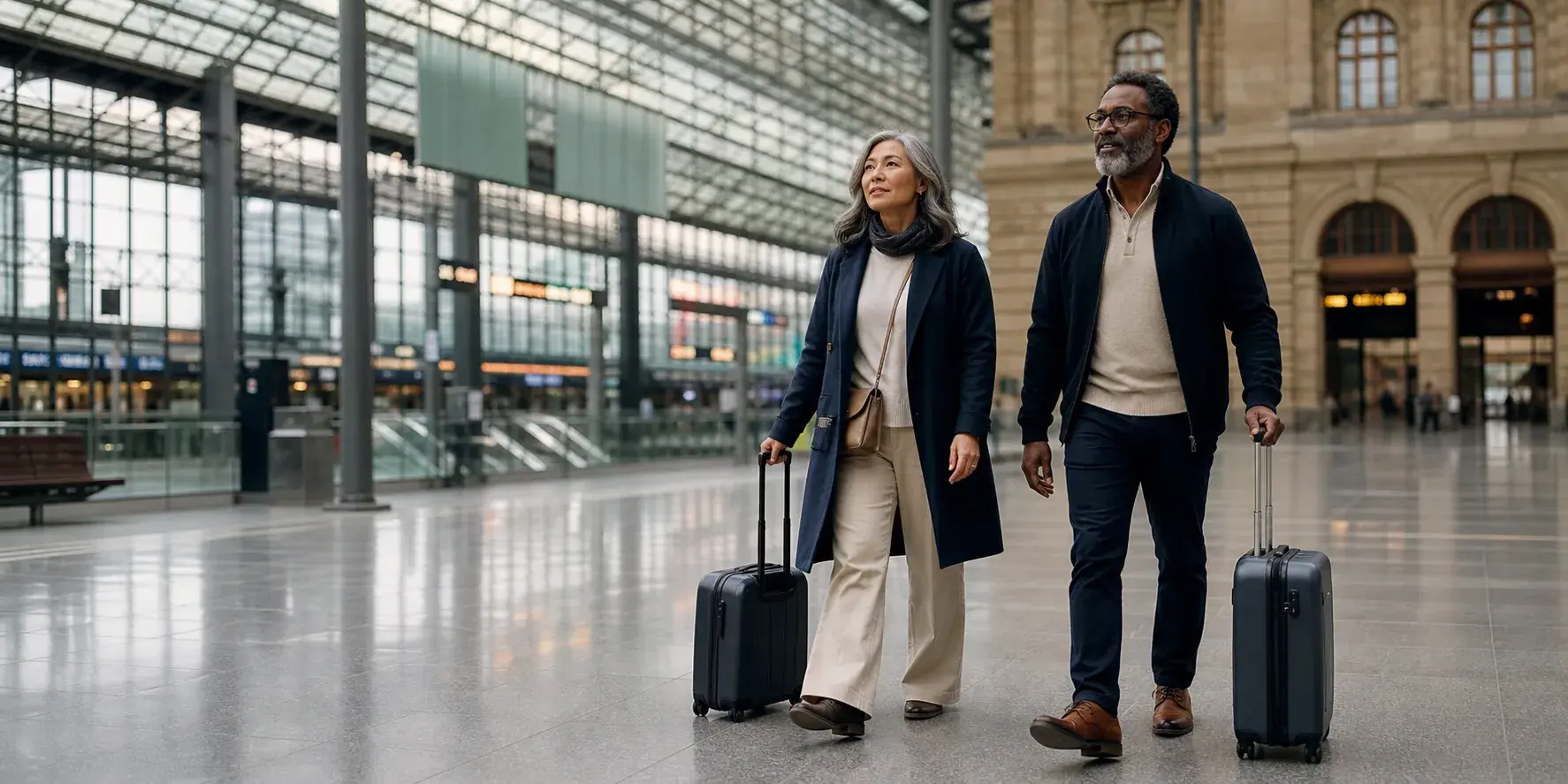 Two members walking through a contemporary international rail terminal