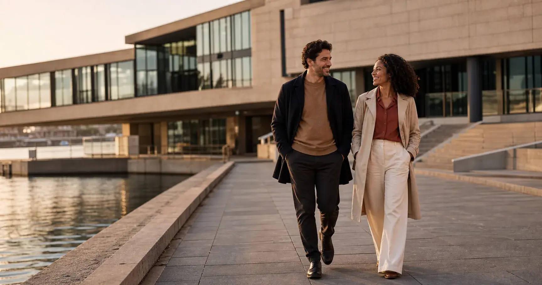 Two members walking together beside contemporary waterfront architecture